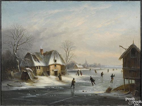 Dutch oil on canvas winter skating scene, signed Van Leebroeck 1849, 21 1/4'' x 28 3/4''.