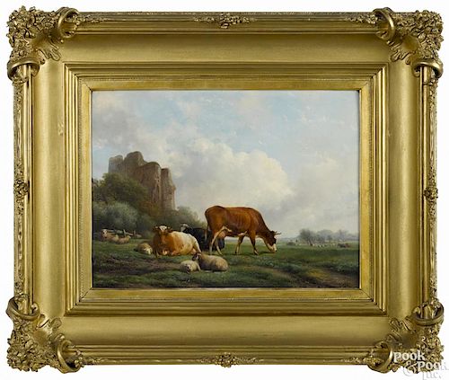 Hendrik Bakhuysen (German 1795-1860), oil on panel landscape with cows, signed lower left