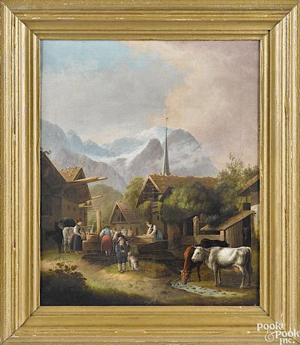 German oil on canvas village scene, 19th c., 20 3/4'' x 17''.