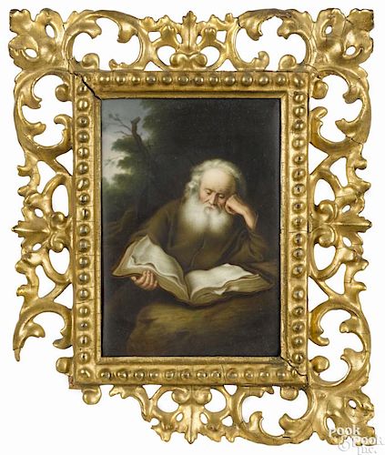 German painted porcelain plaque of a scholar, late 19th c., with a paper label