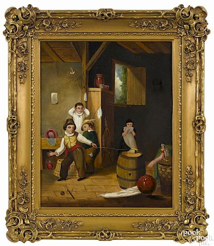 Continental, 19th c., amusing oil on canvas interior scene of a boy firing a toy cannon at a doll