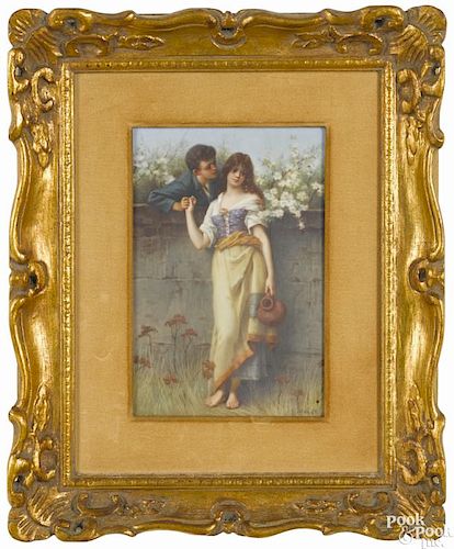 Painted porcelain plaque of two young lovers, late 19th c., signed Meisel, 9 1/2'' x 6 1/2''.