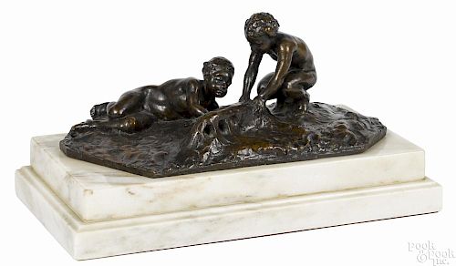 After Auguste Rodin, patinated bronze of two children, signed on base and inscribed by the foundry