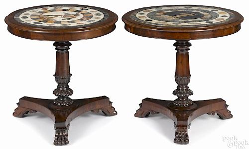 Pair of Italian mahogany center tables with mosaic tops, ca. 1830