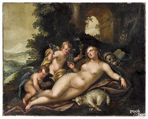 School of Dirck De Vries (Italian, active 1587-1617), oil on canvas of a nude with cherubs