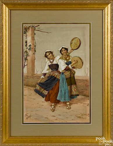 Filippo Indoni Jr. (Italian 1842-1908), watercolor of two female musicians, signed lower left