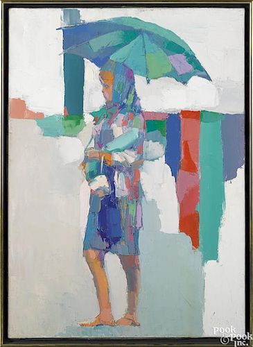 Nicola Simbari (Italian 1927-2012), oil on canvas of a young woman with a parasol, signed