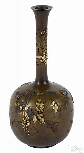 Miyabe Atsuyoshi, Japanese bronze bottle vase with carved and inlaid foliate and bird decoration