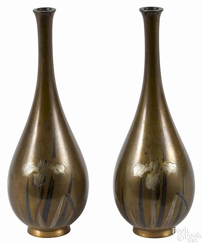 Pair of Japanese bronze teardrop-form inlaid vases with lotus decoration, 6 1/2'' h.
