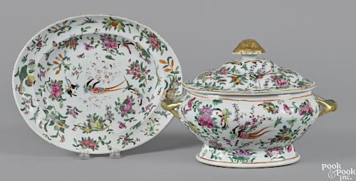 Chinese export porcelain famille rose tureen and undertray, 19th c., 9'' l., 12 1/2'' w.