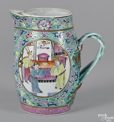 Chinese export porcelain famille rose jug, ca. 1840, having a reserve panel with figures