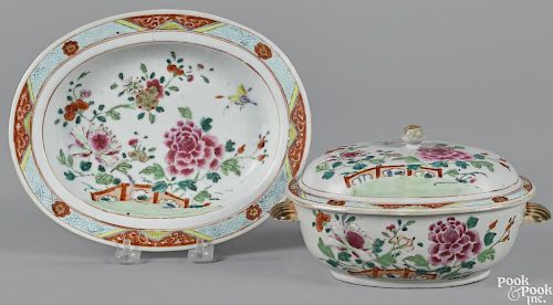 Chinese export porcelain famille rose sauce tureen and undertray, 19th c., 5'' l., 9 1/4'' w.