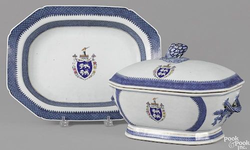 Chinese export porcelain armorial tureen and undertray, early 19th c., 9'' h., 14 1/2'' w.