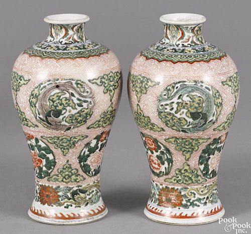Pair of Chinese famille verte baluster vases with dragon and floral medallions, 11 1/2'' h.