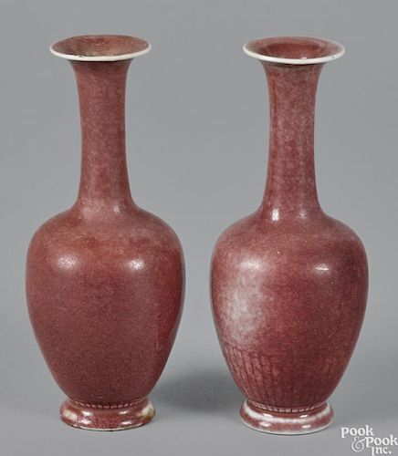 Pair of Chinese peach bloom vases, Kangxi mark and of the period, 6 3/4'' h.