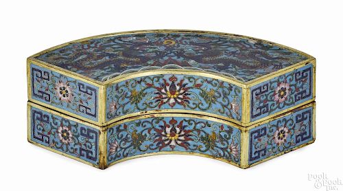 Chinese cloisonné crescent-form box and cover with dragon decoration, 2 3/4'' h., 8'' w.