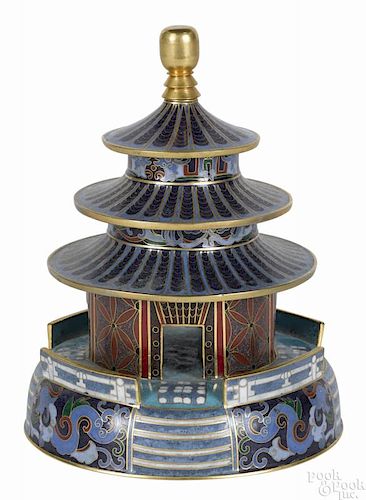 Chinese cloisonné pavilion-form box and cover, 8 1/2'' h.