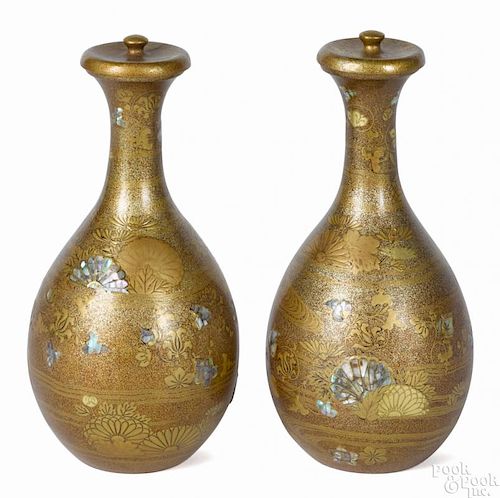 Pair of Chinese lacquer sake pots with covers and mother of pearl inlay, 9'' h.