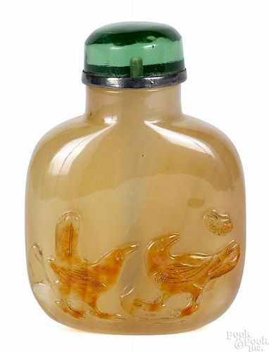 Chinese shadow agate snuff bottle with two birds, 3'' h.