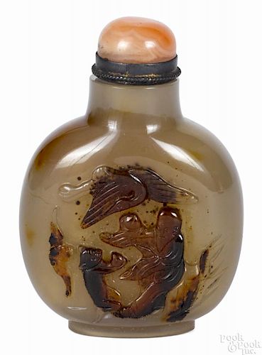 Chinese shadow agate snuff bottle with Shoulao, a monkey, and a crane, 2 3/4'' h.