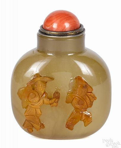 Chinese cameo agate snuff bottle with two figures, 2 1/2'' h.
