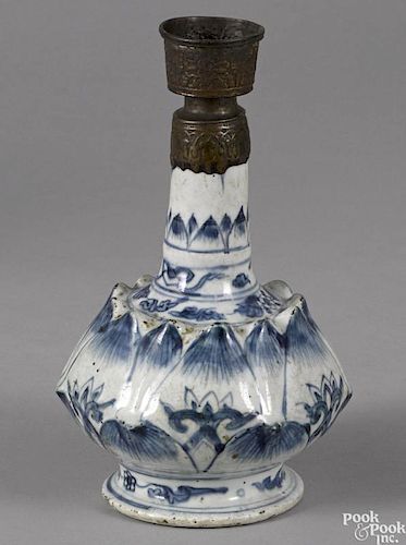 Chinese blue and white porcelain bottle, probably Ming dynasty, with a Turkish brass make-do spout