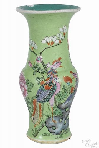Chinese famille rose baluster vase with phoenix decoration on a lime green ground, 9 1/4'' h.