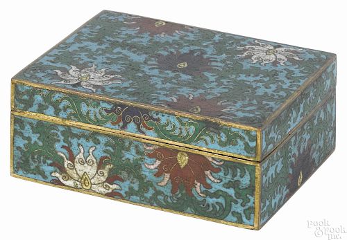 Chinese cloisonné covered box with verte lotus decoration, 2'' h., 4 3/4'' w.