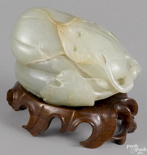 Chinese carved celadon jade gourd, 2'' h., 3'' w.