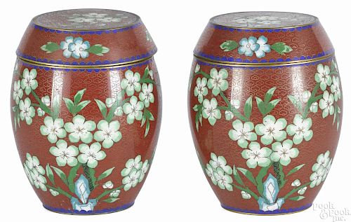 Pair of Chinese cloisonné barrel-form boxes and covers with foliate decoration, 6'' h.
