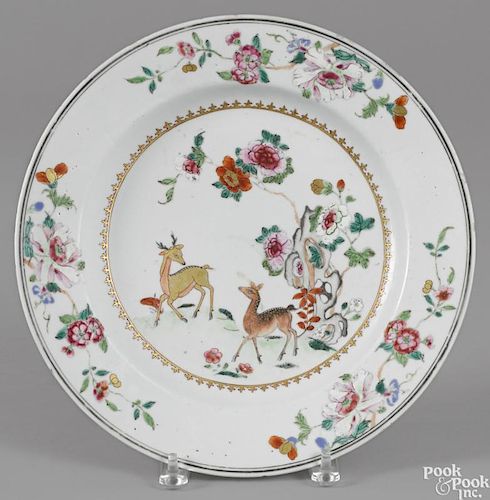 Chinese famille rose porcelain deer charger, 18th c., 12 3/4'' dia.