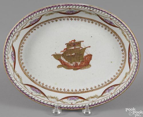 Chinese export porcelain serving dish, early 19th c., decorated with a sailing ship
