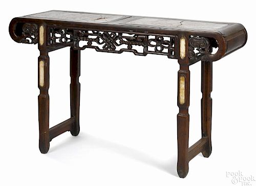 Chinese hardwood altar table, late 19th c., with marble inset top and legs, 33'' h., 54 1/2'' w.