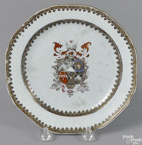 Chinese export armorial famille rose saucer, late 18th c., 6 1/4'' dia.