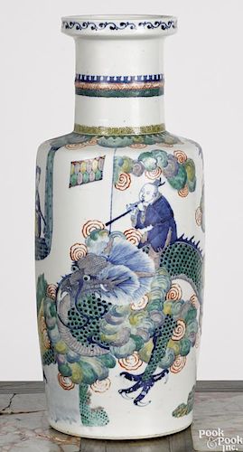 Chinese Qing dynasty porcelain rouleau vase decorated with a figure riding a dragon, 17 3/4'' h.