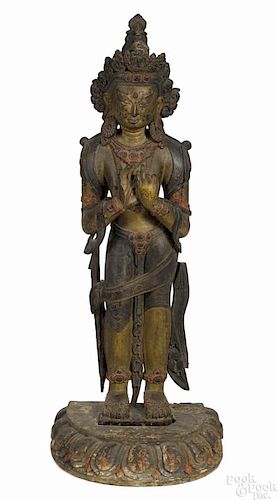 Southeast Asian carved, painted, and gilt decorated figure of the Buddha, 18th/19th c., 28'' h.