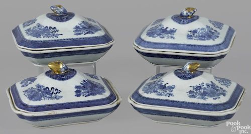 Set of four Chinese blue and white Fitzhugh entrée dishes with covers, early 19th c., 5'' h.