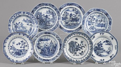 Eight Chinese export porcelain blue and white shallow bowls, 18th/19th c., 8 3/4'' dia.