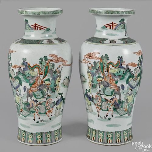 Pair of Chinese famille verte vases with warrior scenes, 21 1/4'' h.