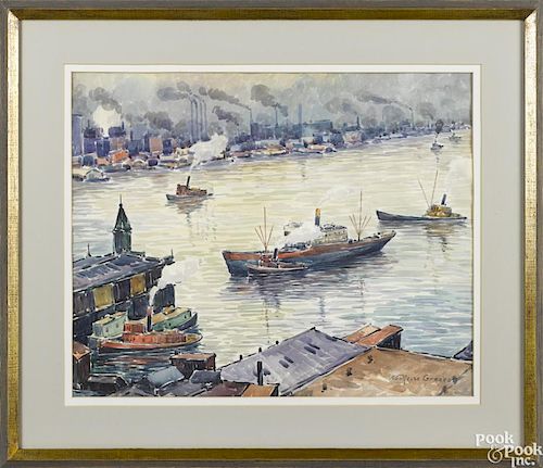 Albert van Nesse Greene (American 1887-1971), watercolor industrial scene, titled Delaware River