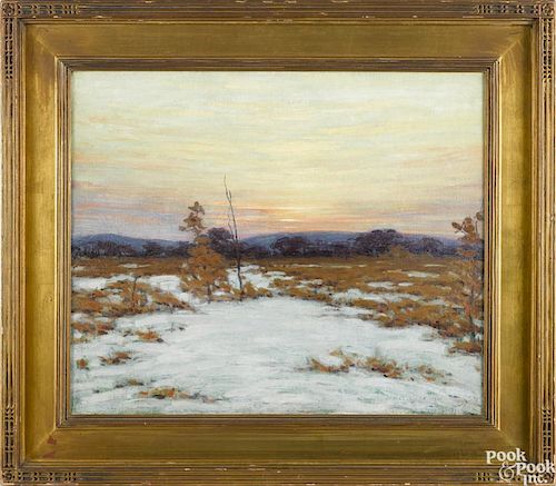 James Knox (American 1866-1942,) oil on canvas impressionist winter landscape, titled Sunset