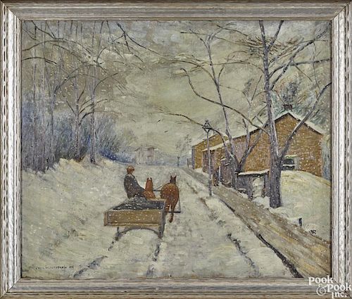 Charles W. Patterson (American 1870-1938), oil on canvas winter landscape with a horsedrawn sleigh
