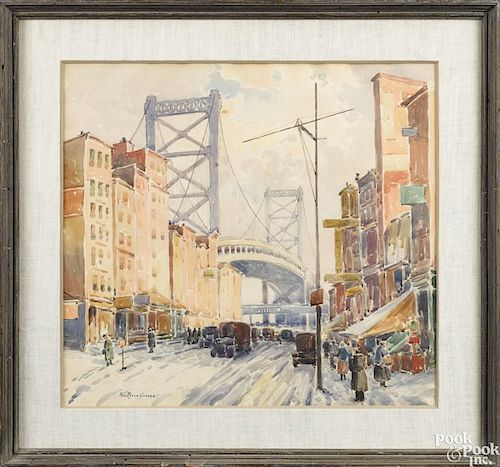 Albert Van Nesse Greene (American 1887-1971), watercolor of the Delaware Bridge in Philadelphia