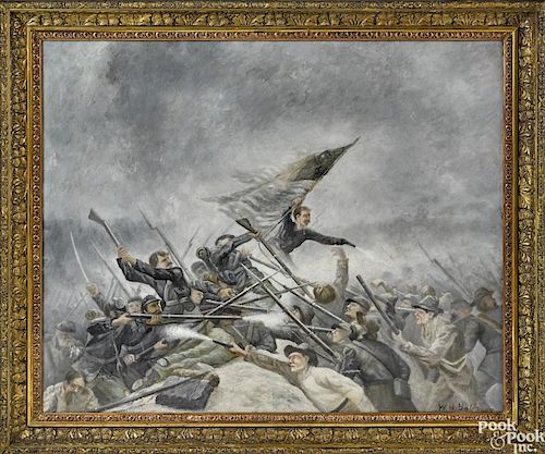 William Henry Yates (American 1845-1934), oil on canvas of a Civil War battle scene, signed