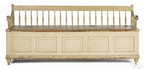 Painted pine arrowback woodbox, ca. 1830, with a lift-lid seat compartment