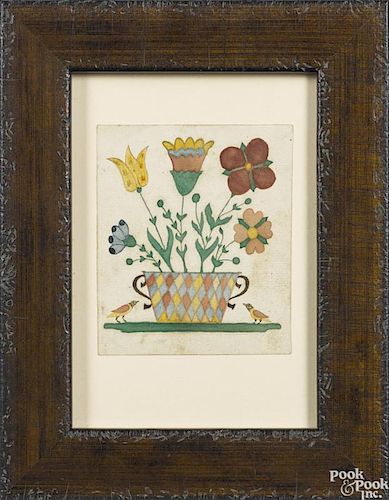 Pennsylvania watercolor fraktur bookplate, 19th c., with two birds flanking a large basket