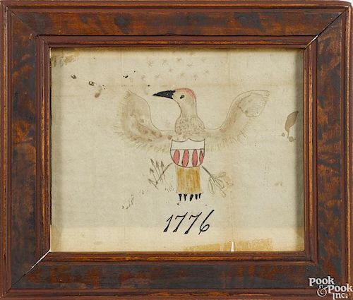 Pennsylvania ink and watercolor drawing of a spread wing eagle, dated 1776, 6 1/4'' x 7 3/4''