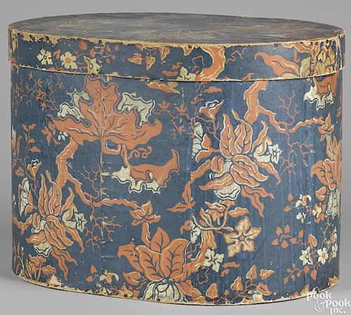 Large Pennsylvania wallpaper hat box, 19th c., with floral decoration on a blue ground