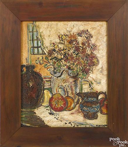 David Y. Ellinger (American 1913-2003), oil on board, titled Still Life in Pattern, signed