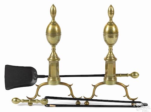 Pair of large Federal brass double lemon top andirons, ca. 1810, 25'' h.